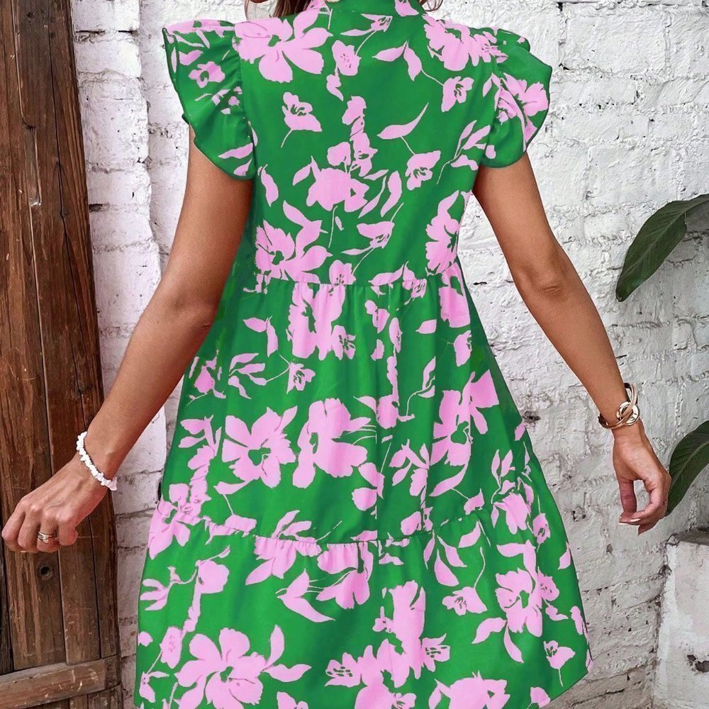 Green Boho Womens Floral Print Butterfly Sleeve Ruffle Hem Smock Dress - Picture 2 of 5